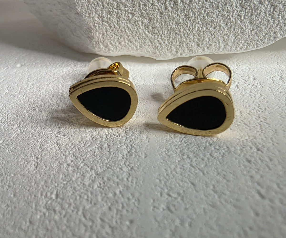Gold Ohrring Stecker Tropfen Emaille Schwarz Edelstahl