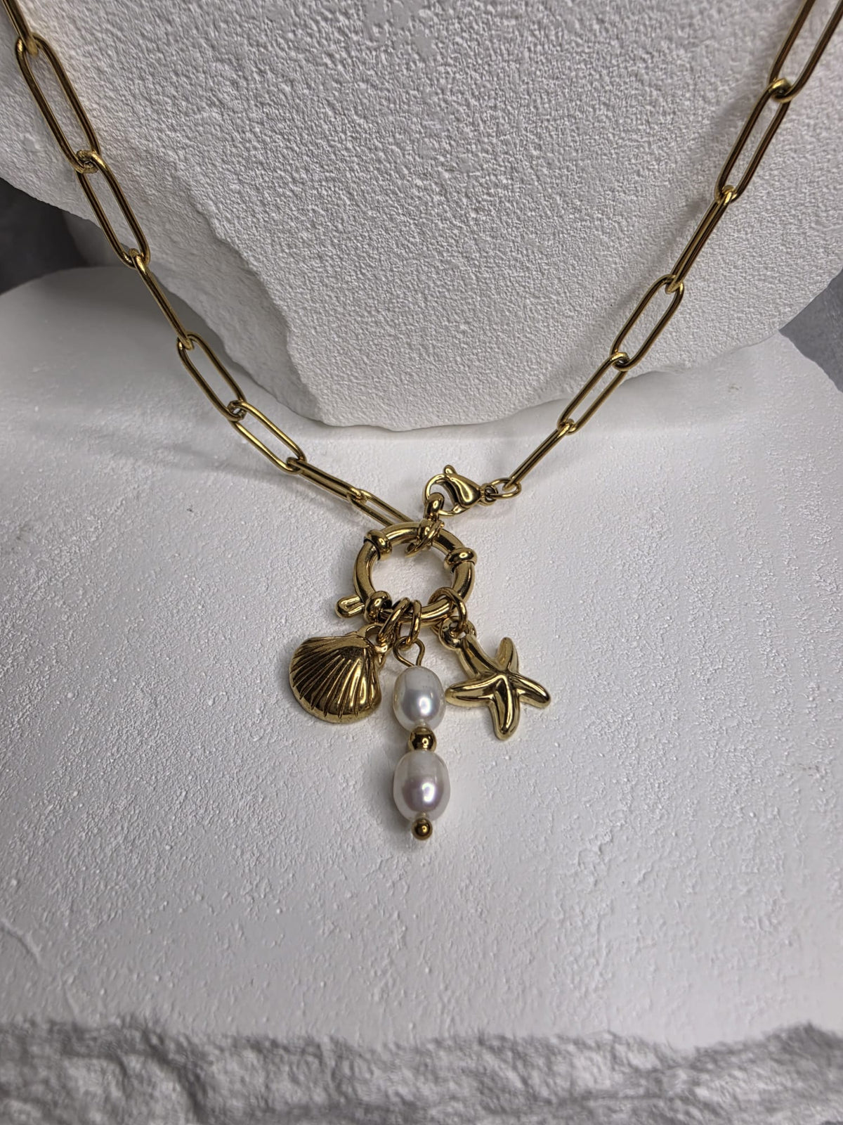 Gold Kette Edelstahl Meeresschmuck Muschel Seestern Perle
