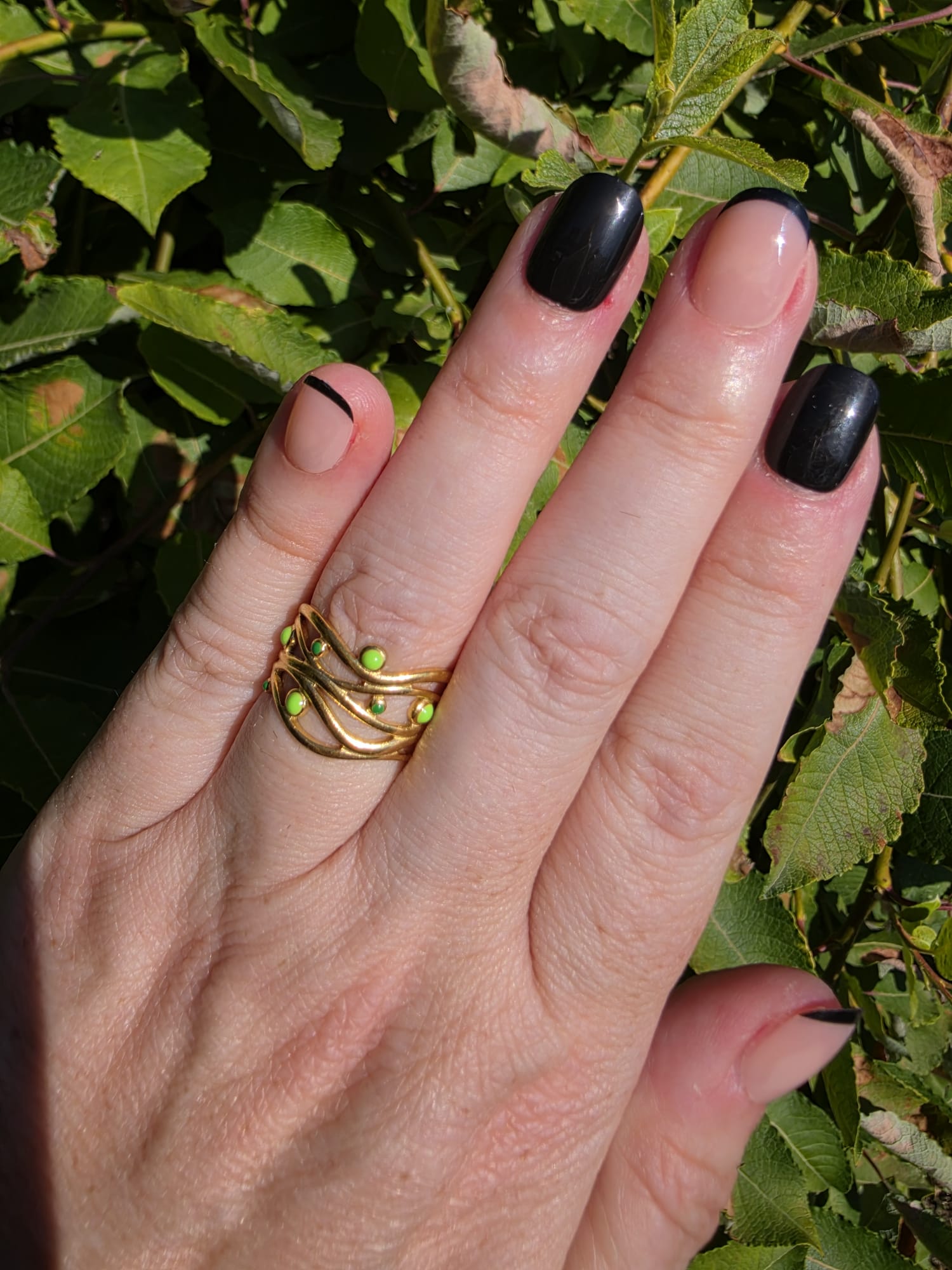 Edelstahl Ring Gold Fächer Grüner Opal