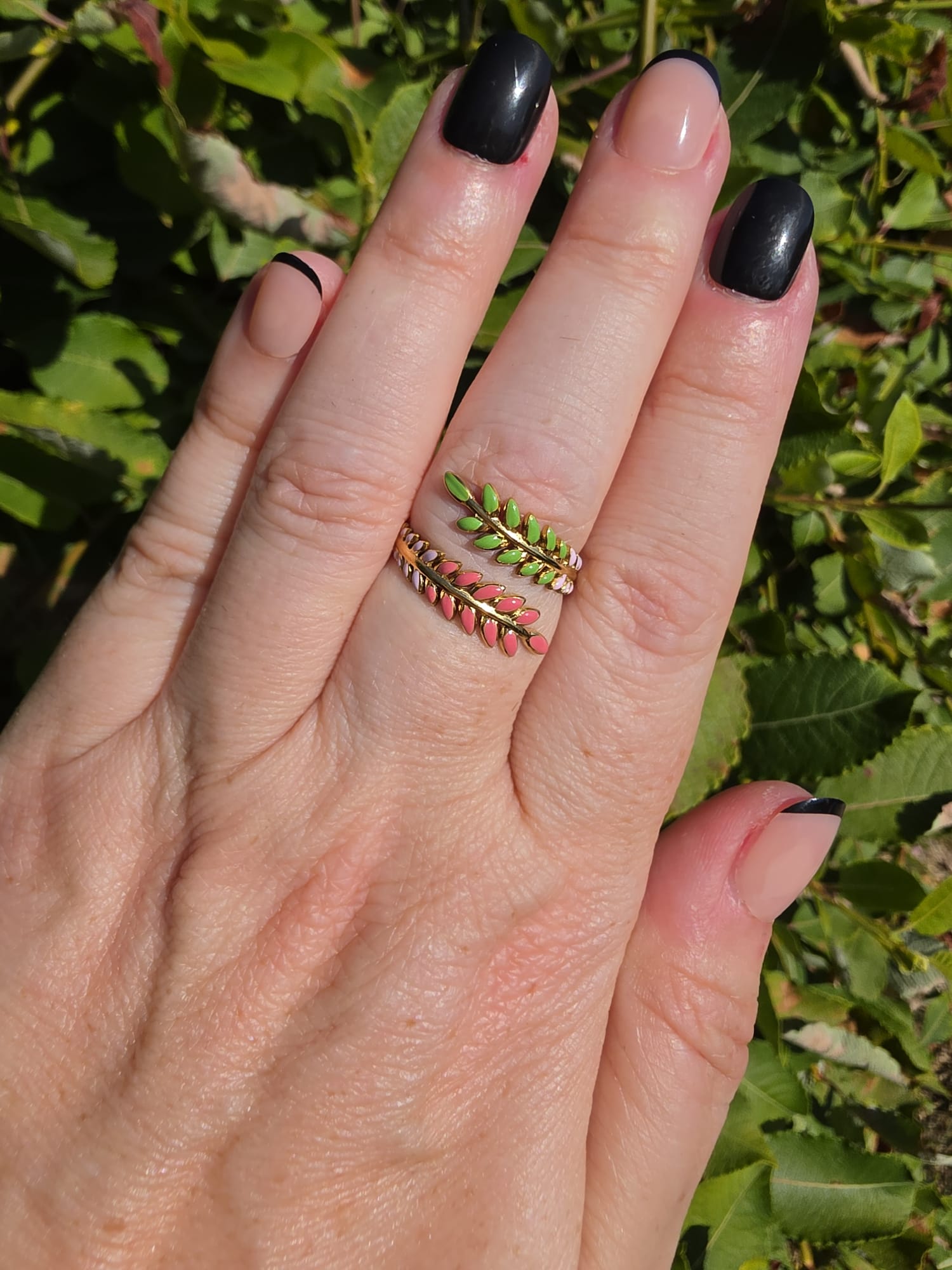 Edelstahl Ring Gold Blatt Emaille