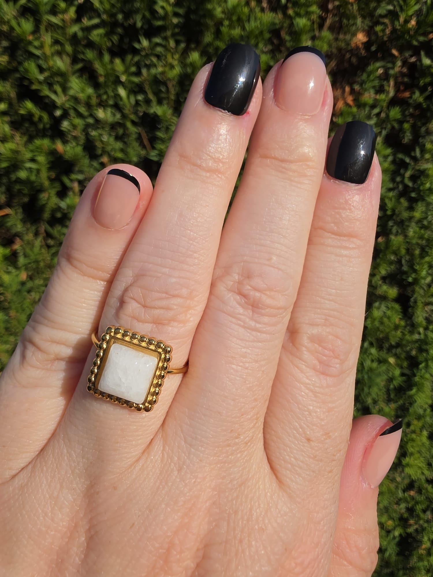 Edelstahl Ring Gold Quadrat Weißer Opal