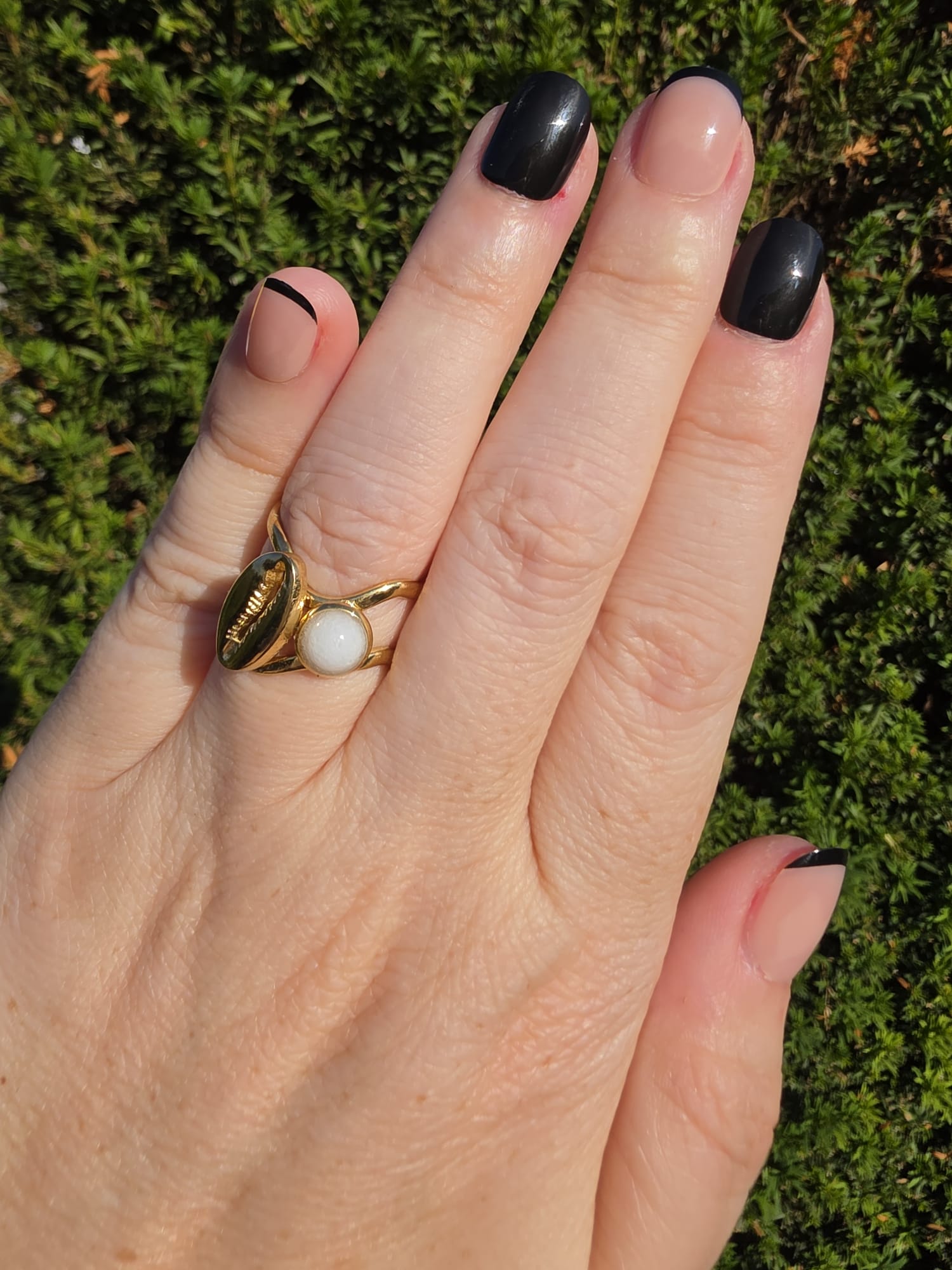 Edelstahl Ring Gold Muschel Perle Doppelband