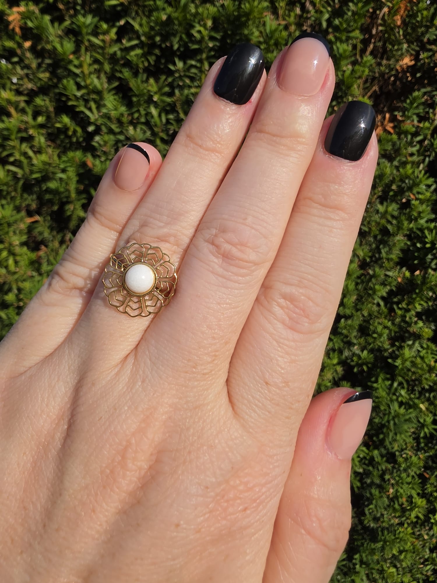 Edelstahl Ring Gold Mandala Rose Weiße Perle