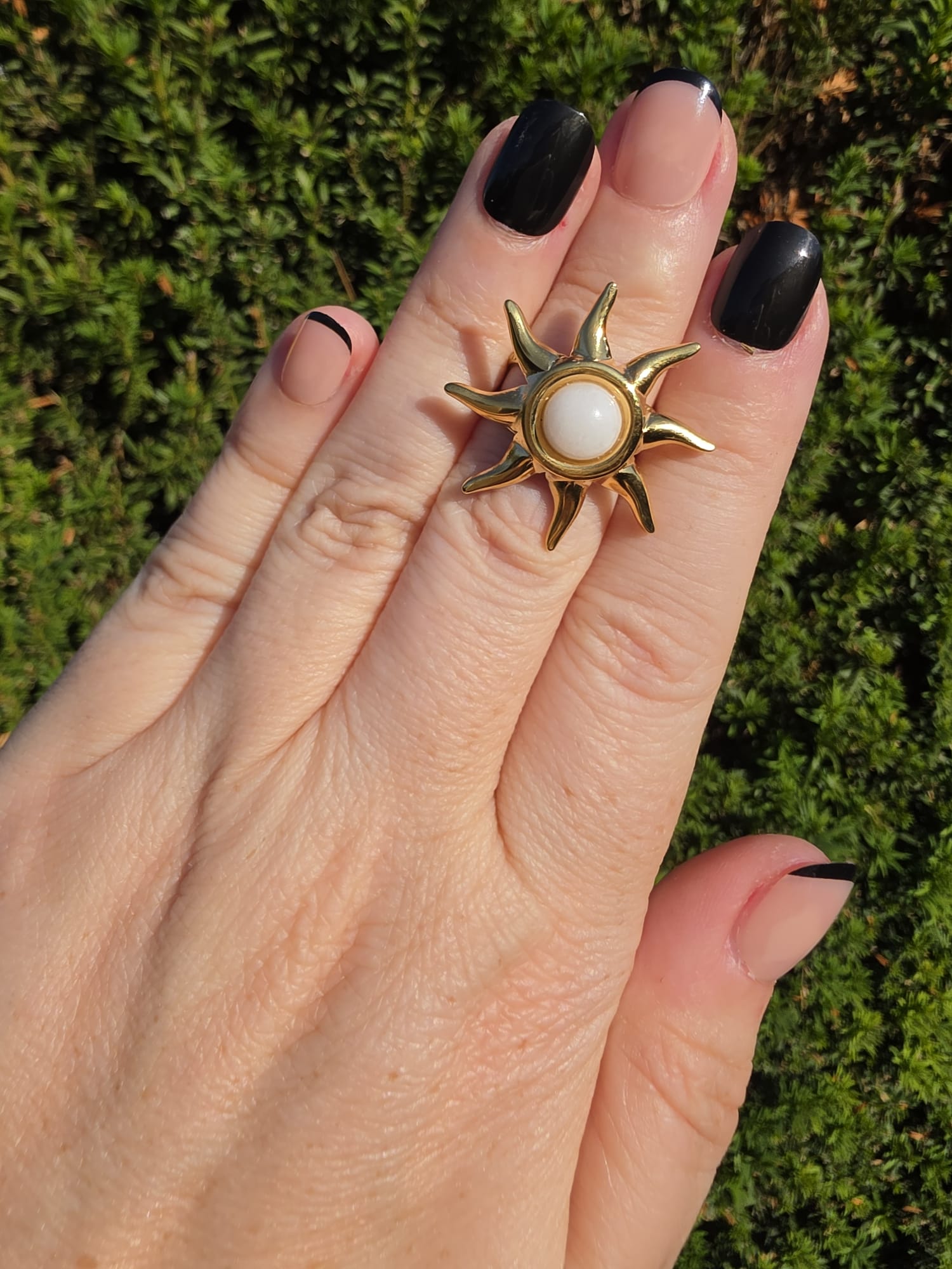 Edelstahl Ring Gold Sonne Weißer Opal
