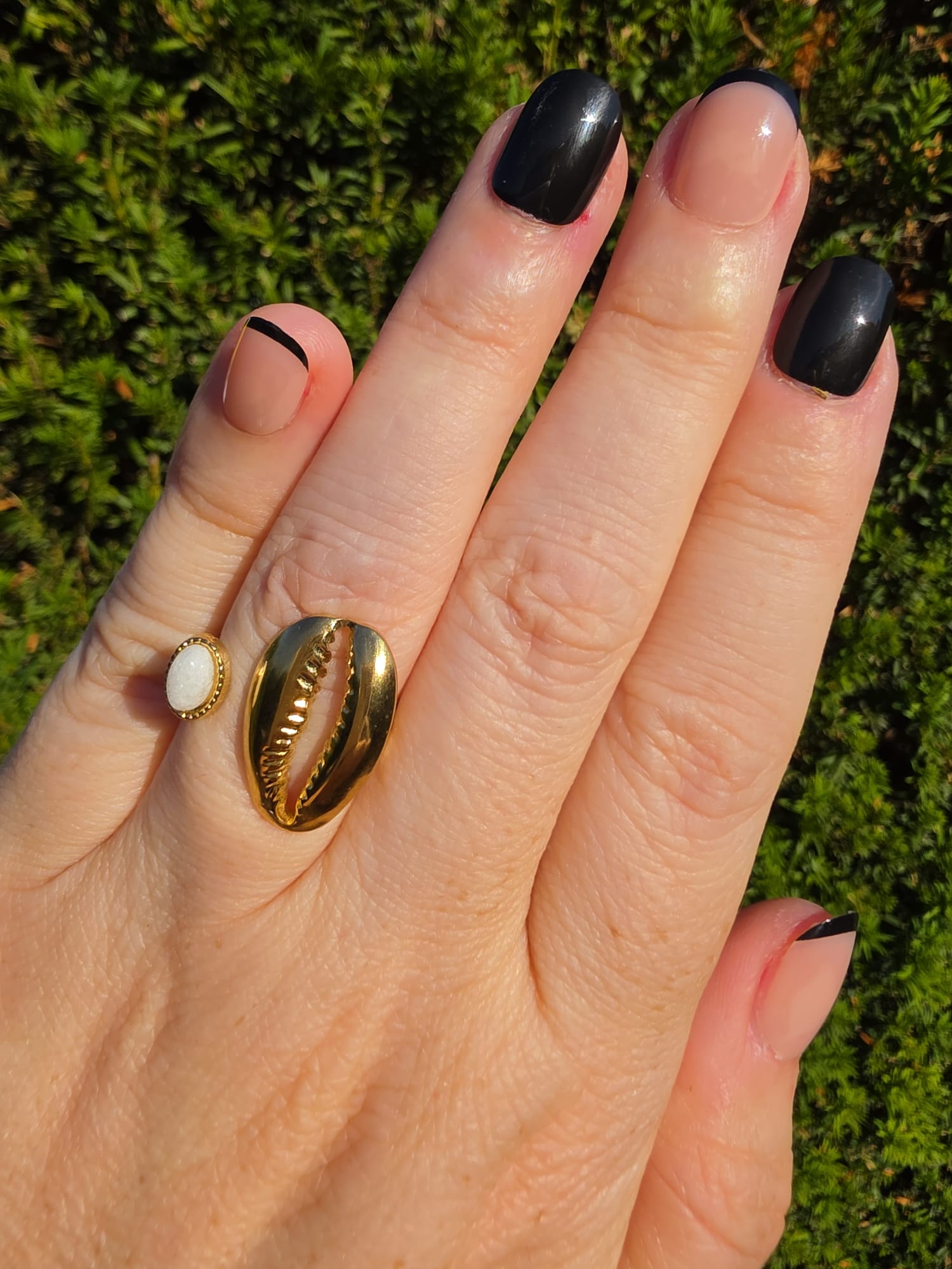 Edelstahl Ring Gold Kauri Muschel Opal Doppelring