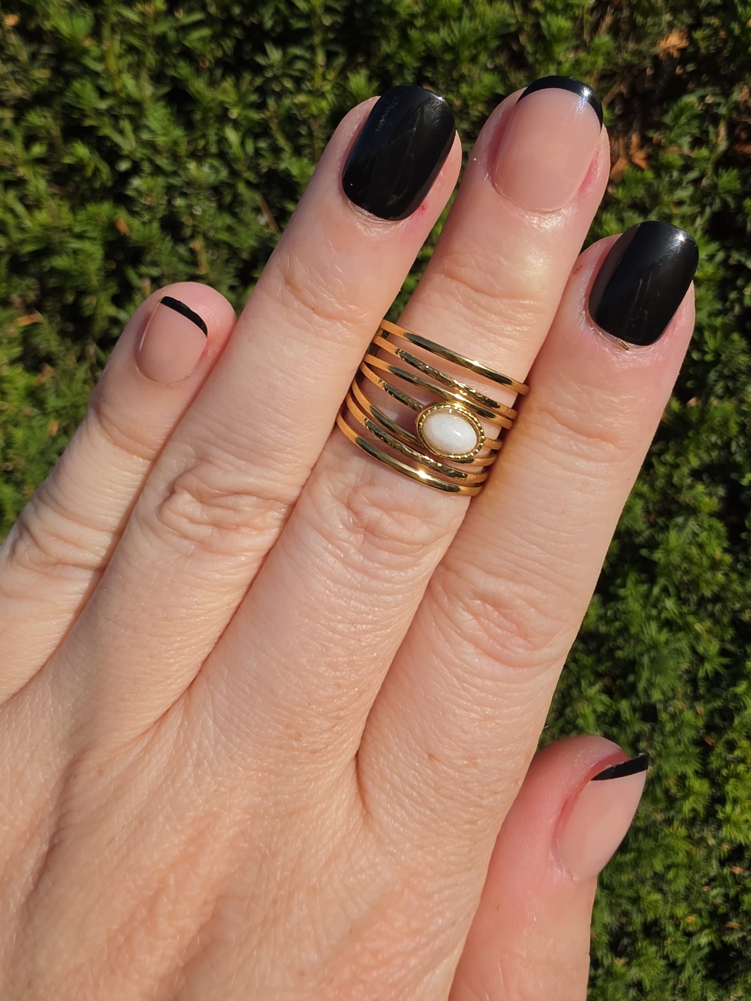 Edelstahl Ring Gold Multiband Weißer Opal