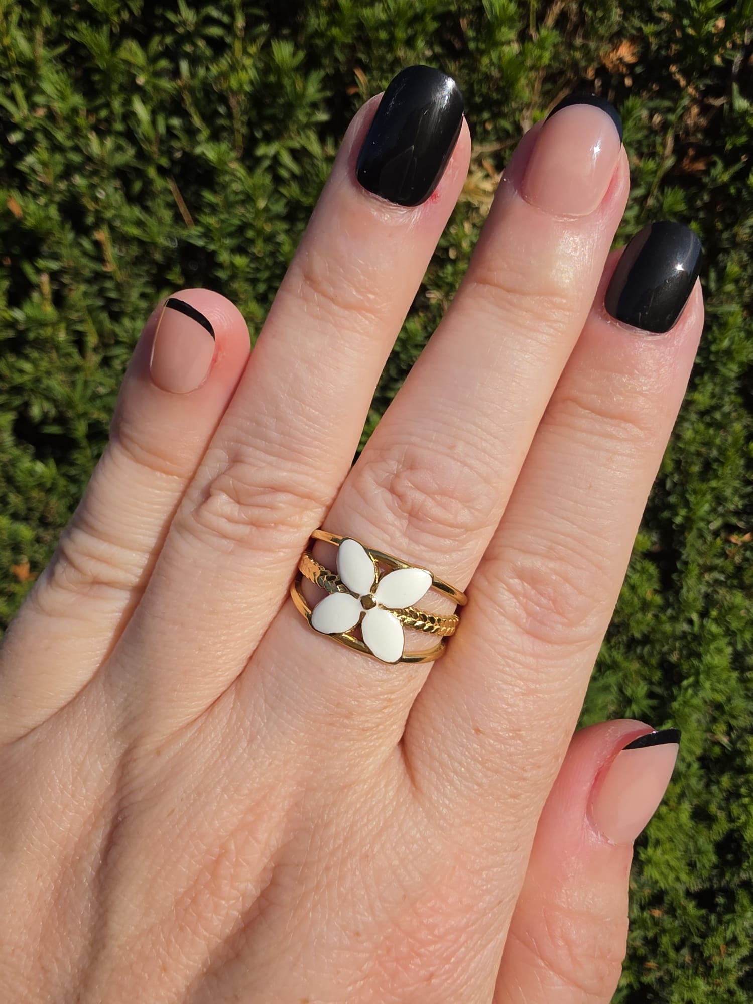 Edelstahl Ring Gold Doppelband Emaille Blume Weiß