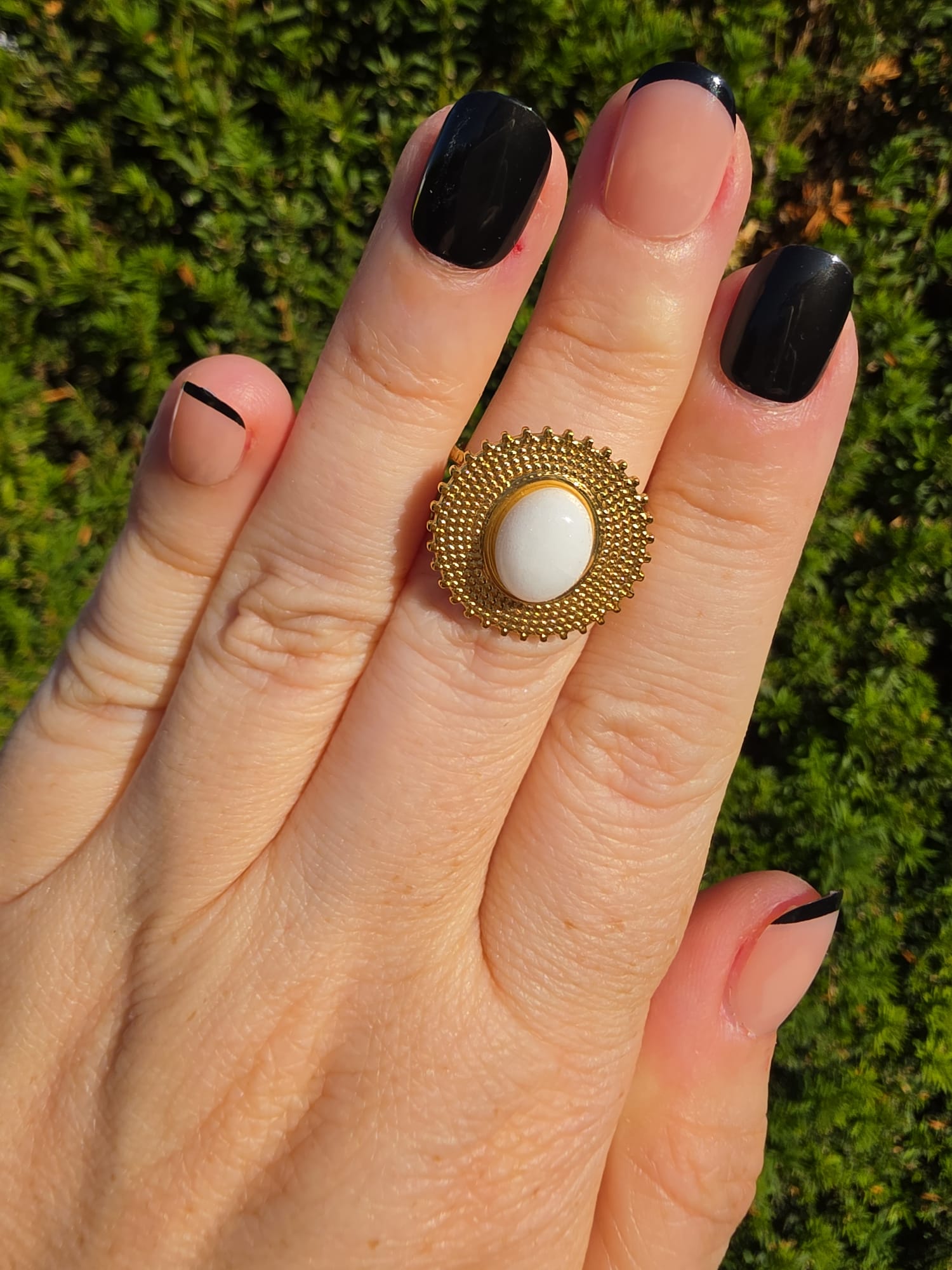 Edelstahl Ring Gold Kugelrand Opal Sonnenscheibe