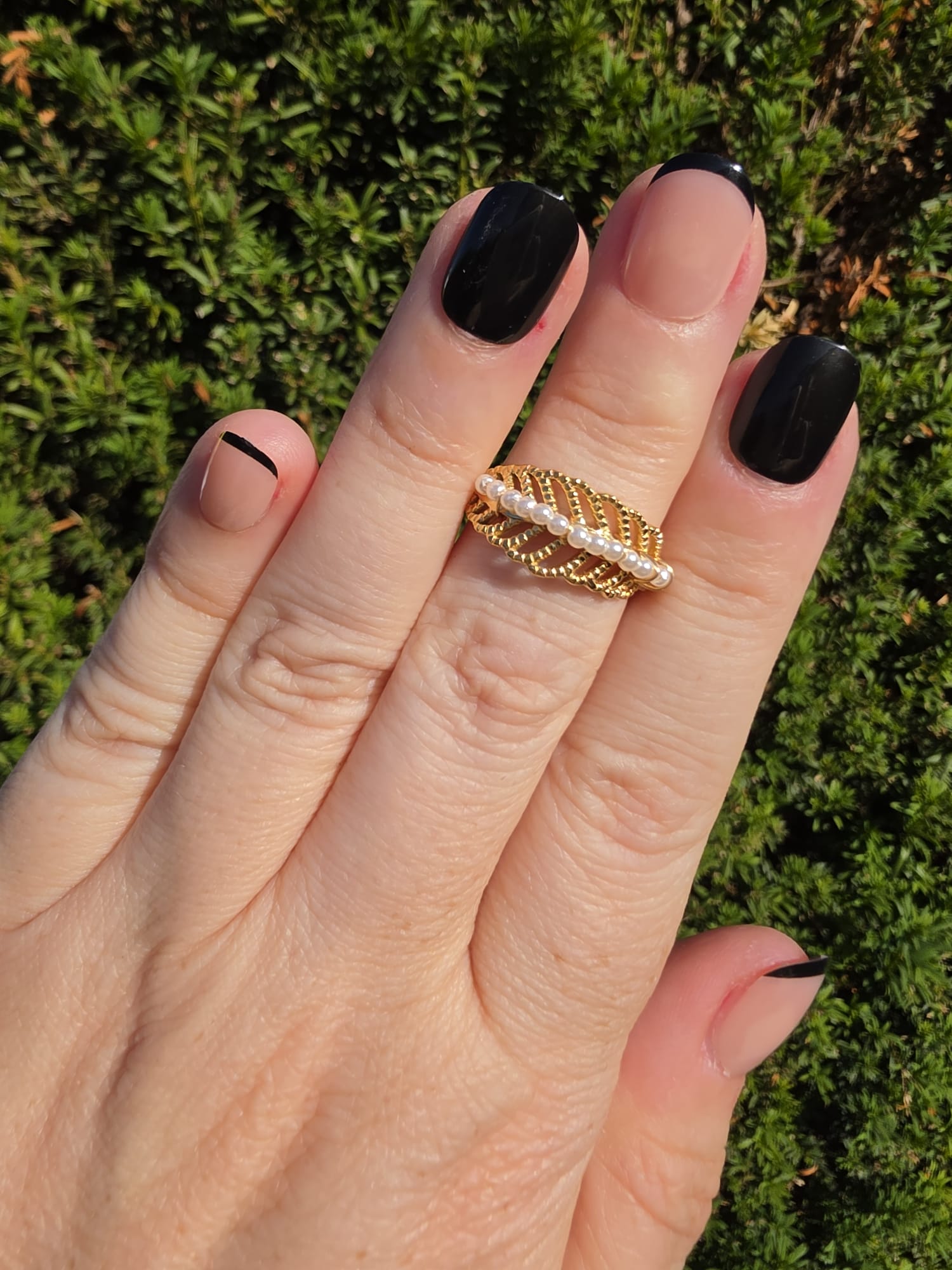 Edelstahl Ring Gold Flechtband Perlenreihe
