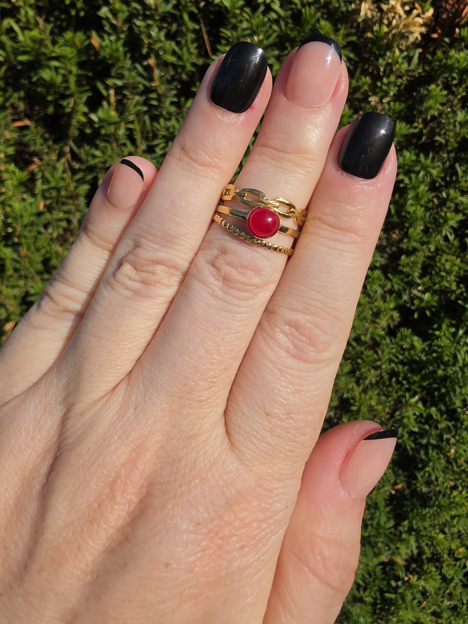 Edelstahl Ring Gold Tripleband Roter Stein