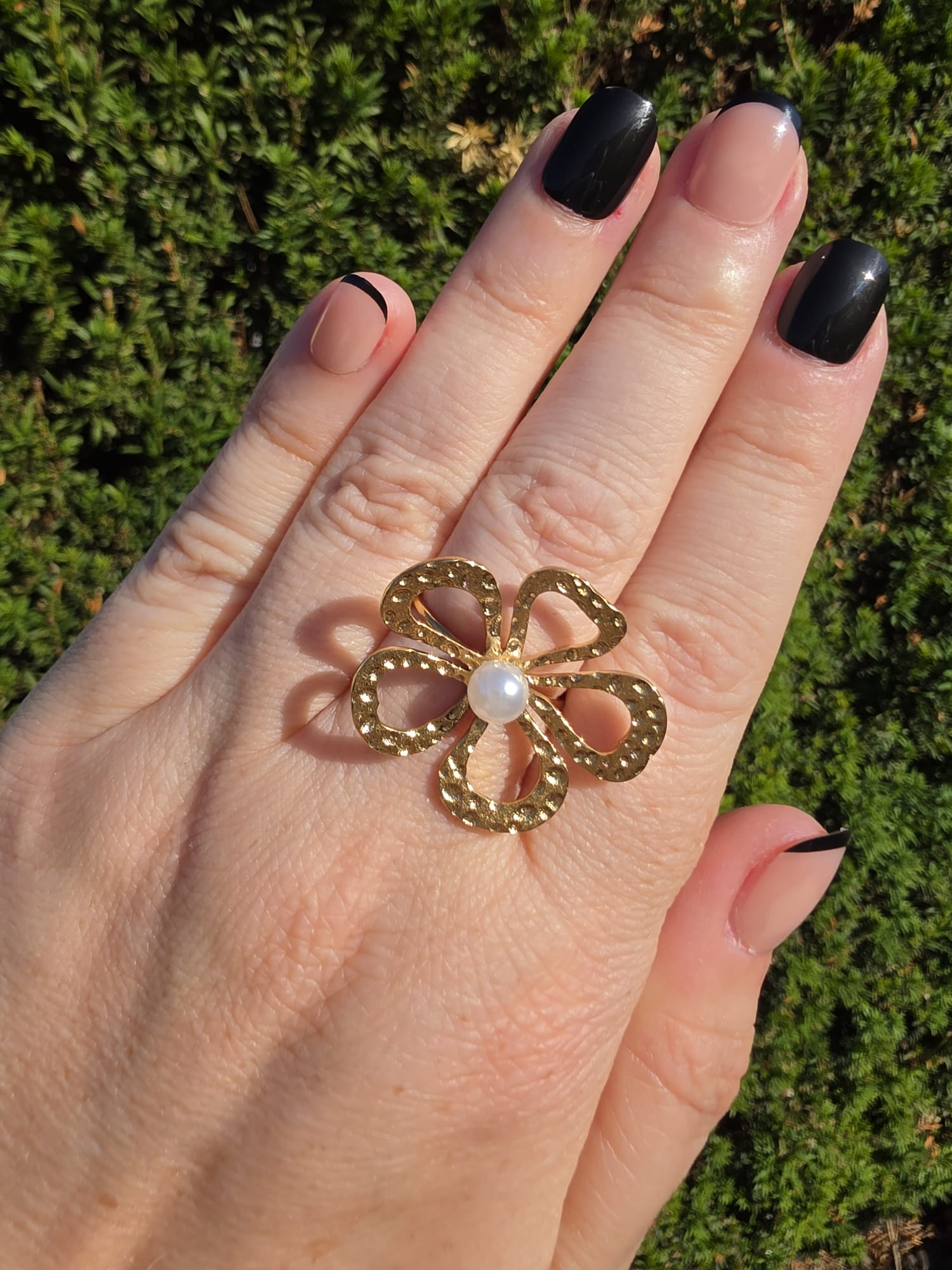 Edelstahl Ring Gold Großes Kleeblatt Perle Offen