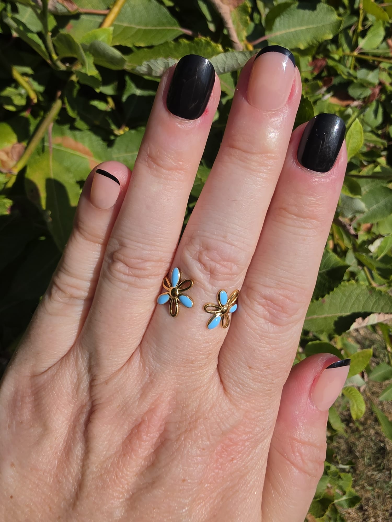 Edelstahl Ring Gold Doppel-Blume Türkis